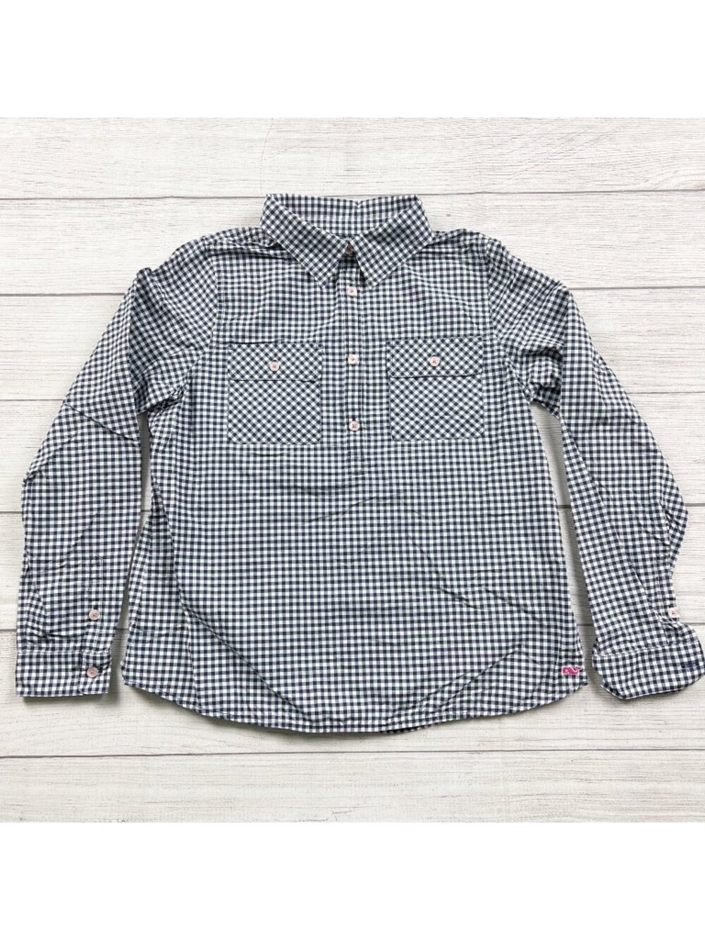 Vineyard Vines Boys Navy White Gingham Long Sleeve Performance Shirt L 14